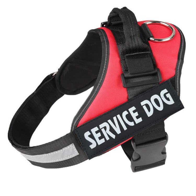 Red service dog harness with reflective strips and adjustable buckle, designed for comfort and ease of use.